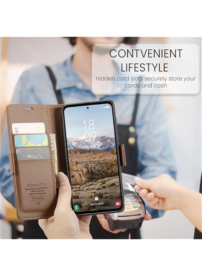 Samsung Galaxy A35 5G Wallet Case - RFID Blocking, Magnetic Closure, PU Leather, Card Holder, Kickstand, Shockproof (Brown) - Image 5