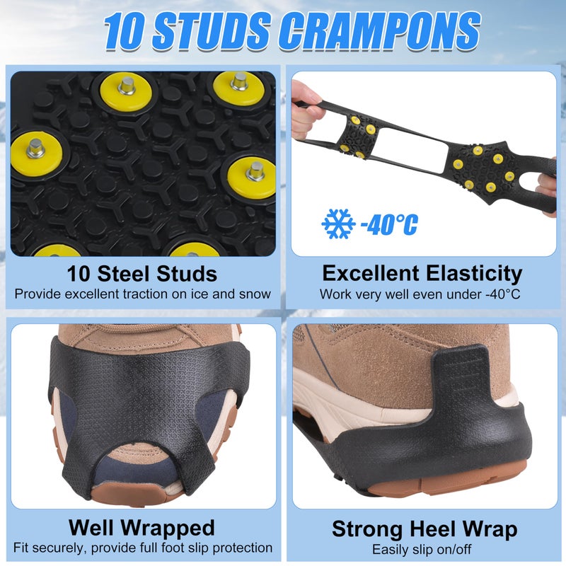 FUSIGO Ice Cleats Snow Traction Cleats, 10-Studs Walk Traction Cleats Crampons for Walking on Snow and Ice Anti Slip Rubber Walking Cleats Slip-on Stretch Footwear for Women Men Kids (Size XL) - Image 2