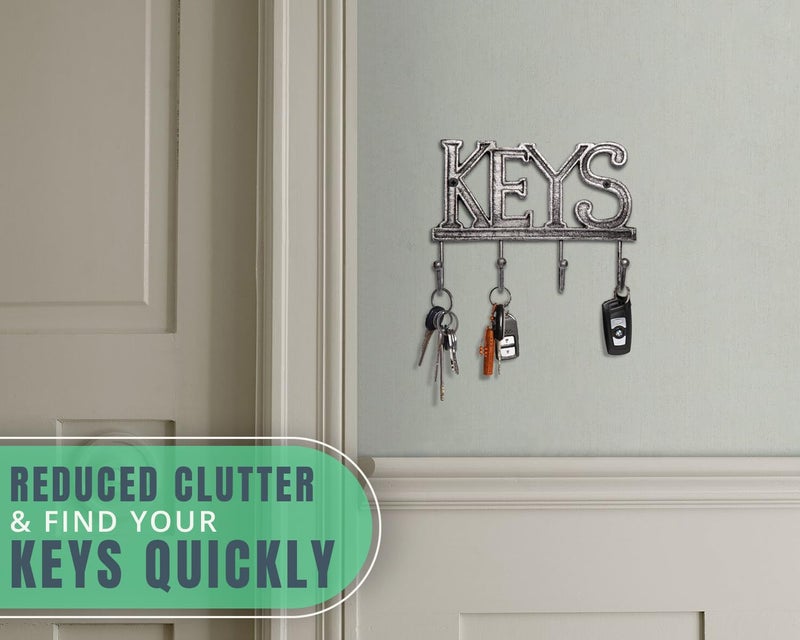 Comfify Key Holder For Wall - Cast Iron Decorative Farmhouse Rustic Wall Mount Key Organizer - 4 Key Hooks - Vintage Key Rack For Entryway With Screws And Anchors - 6X8 - Gray - Image 4