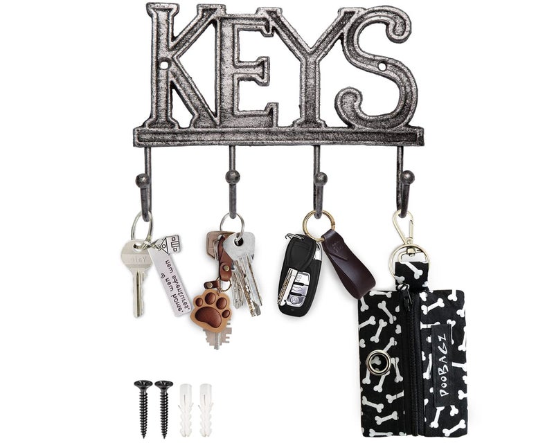 Comfify Key Holder For Wall - Cast Iron Decorative Farmhouse Rustic Wall Mount Key Organizer - 4 Key Hooks - Vintage Key Rack For Entryway With Screws And Anchors - 6X8 - Gray - Image 1