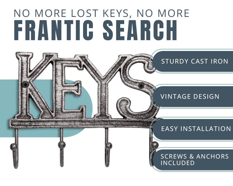 Comfify Key Holder For Wall - Cast Iron Decorative Farmhouse Rustic Wall Mount Key Organizer - 4 Key Hooks - Vintage Key Rack For Entryway With Screws And Anchors - 6X8 - Gray - Image 2