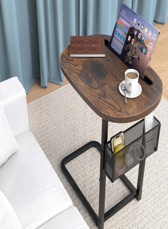 alentar Fashion TV Tray Table with Large Tabletop, Adjustable Sofa Table with Storage Baskets, Strong Metal Frame, Tv Dinner Tray Table for TV Watching, Meals, Snacks (Oval, Brown, 16.93inch x 12.6inch) - Image 1