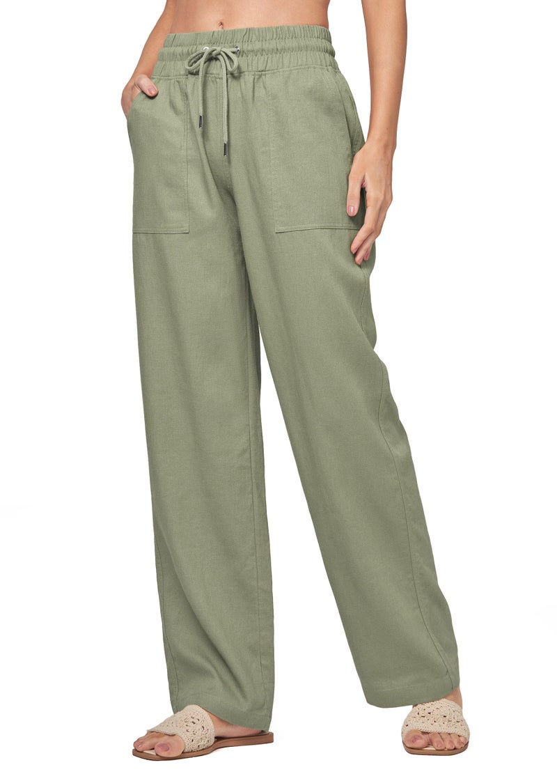 Willit Women Linen Pants Wide Leg Casual Palazzo Pants Cotton Linen Lounge Beach Summer Pants with Pockets 31" Sage Green M - Image 2