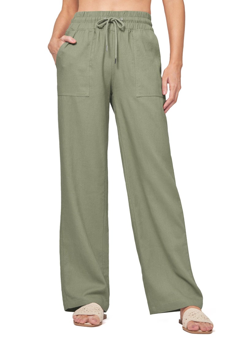 Willit Women Linen Pants Wide Leg Casual Palazzo Pants Cotton Linen Lounge Beach Summer Pants with Pockets 31" Sage Green M - Image 1