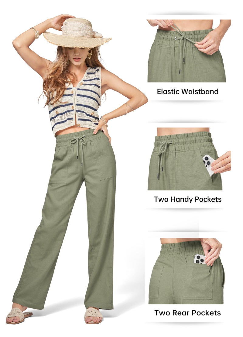 Willit Women Linen Pants Wide Leg Casual Palazzo Pants Cotton Linen Lounge Beach Summer Pants with Pockets 31" Sage Green M - Image 5