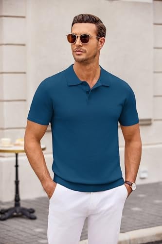 COOFANDY Mens Polo Shirts Pullover Short Sleeve Knit Lightweight Shirt Casual Golf Shirts Denim Blue - Image 2