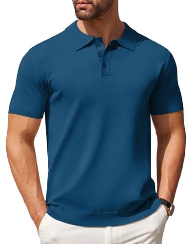 COOFANDY Mens Polo Shirts Pullover Short Sleeve Knit Lightweight Shirt Casual Golf Shirts Denim Blue - Image 1