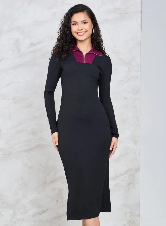 Styli Contrast Collar Rib Knit Bodycon Midi Dress