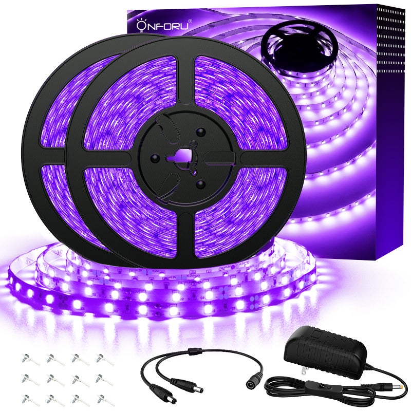 Onforu 32.8ft LED Black Light Strip Kit, 600 Units Lamp Beads, 12V Flexible Blacklight Fixtures, 10m Ribbon, Non-Waterproof for Glow Party, Indoor Birthday, Body Paint,Halloween - Image 1