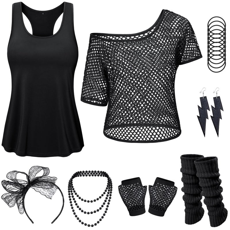 Yuriko 80s Outfit Party Costumes Fishnet Neon Off Shoulder T-Shirt Two Pieces With Fancy Dress Costume Accessories(Black S) - Image 1