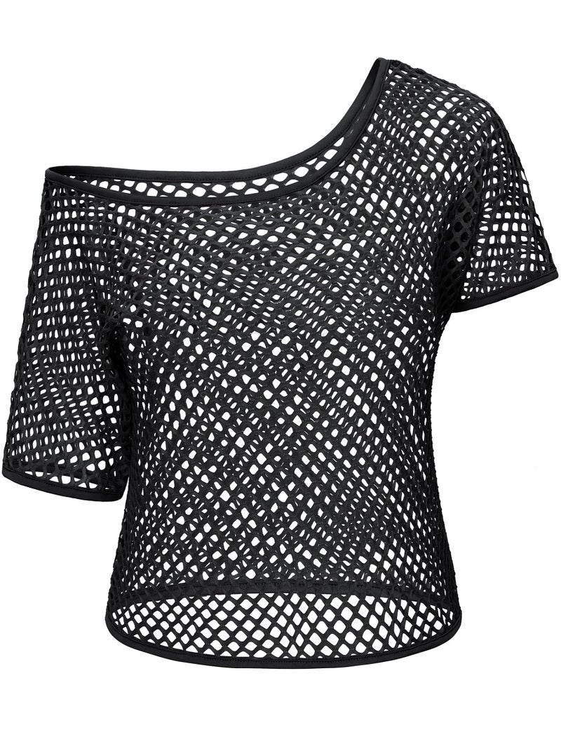 Yuriko 80s Outfit Party Costumes Fishnet Neon Off Shoulder T-Shirt Two Pieces With Fancy Dress Costume Accessories(Black S) - Image 4