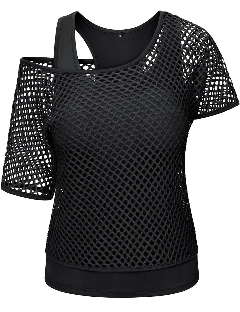 Yuriko 80s Outfit Party Costumes Fishnet Neon Off Shoulder T-Shirt Two Pieces With Fancy Dress Costume Accessories(Black S) - Image 3