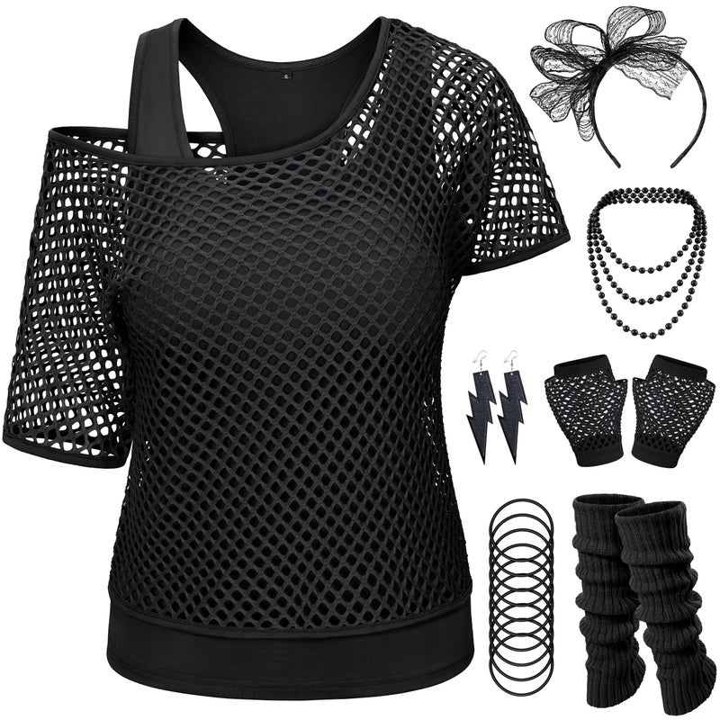 Yuriko 80s Outfit Party Costumes Fishnet Neon Off Shoulder T-Shirt Two Pieces With Fancy Dress Costume Accessories(Black S) - Image 2