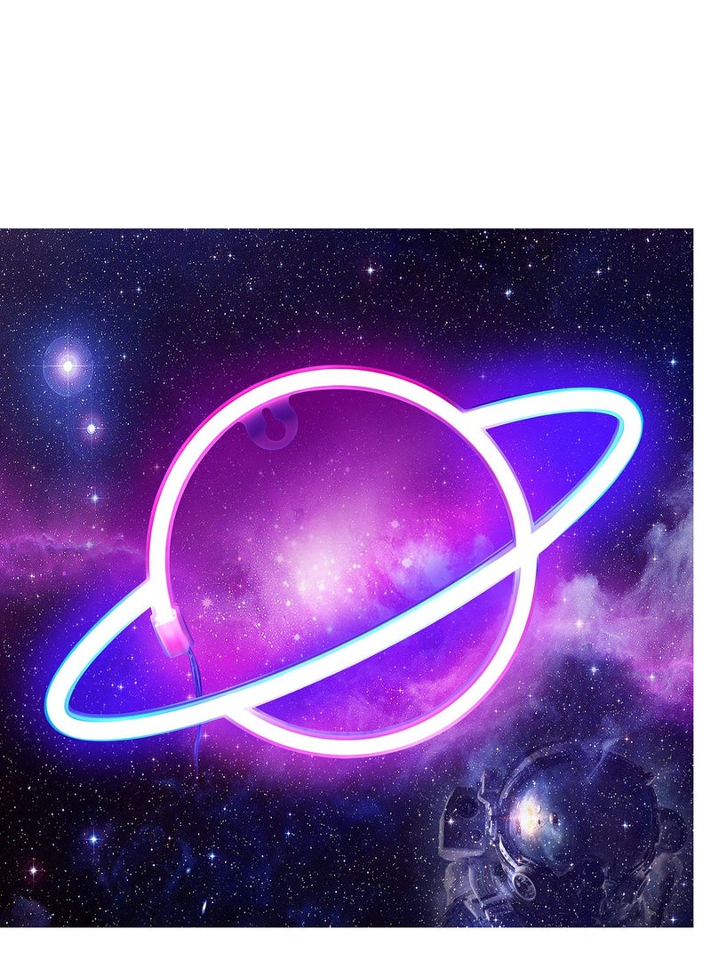 Planet Neon Sign Led Light- Neon Lights for Wall Decor Aesthetic | USB Operated Neon Signs for Bedroom Kids Room Dorm Wedding Party Birthday New Year Decoration (Blue-Pink)  - Image 1