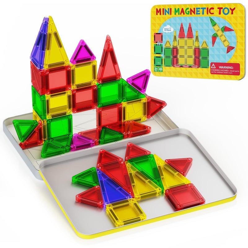 Anyeve 46PCS Mini Magnetic Tiles, Magnetic Tiles Travel Set with Case, STEM Educational Building Set Construction Toys for Kids Ages 3+, Portable Building Toys for Toddlers, Boys & Girls Birthday Gift - Image 1