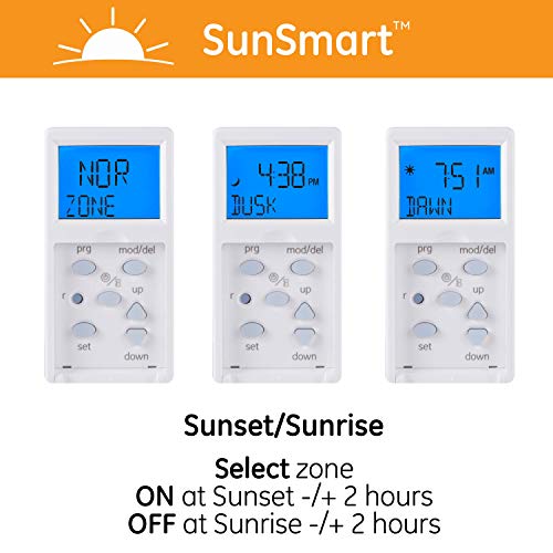GE مؤقت GE SunSmart الرقمي المثبت في الجدار - أوقات التشغيل/الإيقاف اليومية، إعدادات قابلة للبرمجة، إعدادات شروق/غروب الشمس، أمان العطلات - أبيض ولوزي، مفتاح للضوء، المروحة، المدفأة - 32787 - Image 4