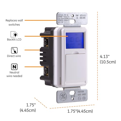 GE مؤقت GE SunSmart الرقمي المثبت في الجدار - أوقات التشغيل/الإيقاف اليومية، إعدادات قابلة للبرمجة، إعدادات شروق/غروب الشمس، أمان العطلات - أبيض ولوزي، مفتاح للضوء، المروحة، المدفأة - 32787 - Image 2