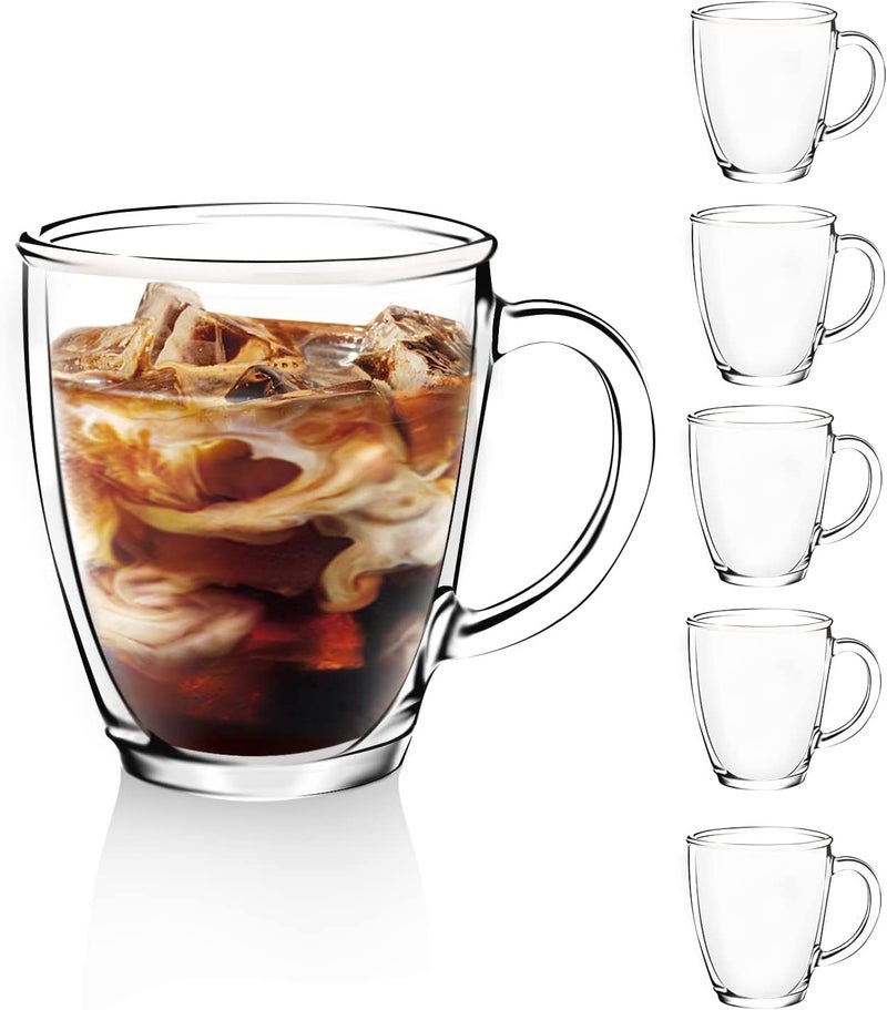 D.M DESIGNÂ·MASTER DM DESIGNMASTER 6 PACK12 OZ  Premium Glass Coffee Mugs with Handle Transparent Tea Glasses for HotCold Beverages Perfect Design for Americano Cappuccino Tea and Beverage