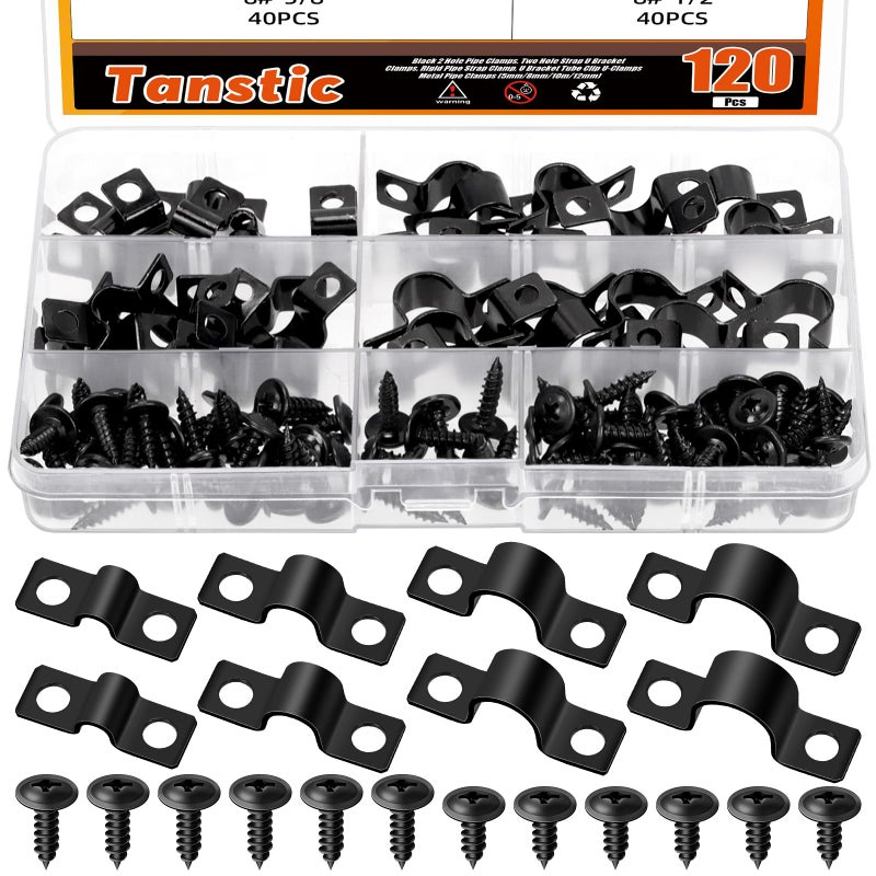 Tanstic 40Pcs Black Two Hole Pipe Strap 316 516 38 12 Two Hole Strap U Bracket Rigid Pipe Strap Pipe Strap Clamp with Phillips Modified Truss Head Wood Screws for Fixing Conduit U Bracket - Image 2