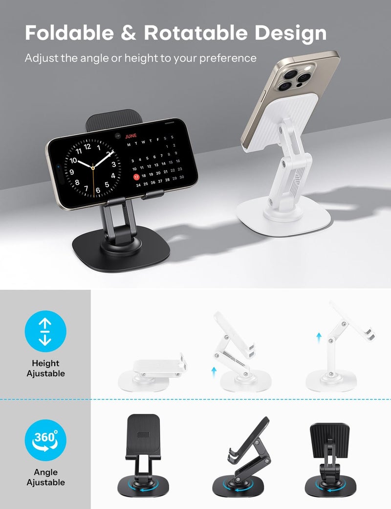 OMOTON Cell Phone Stand for Desk, 2 Pack Adjustable Foldable Phone Holder, 360 Swivel Mobile Stand Fit for iPhone 17 16 15 14 13 Pro Max and All Smart Phones, Black & White - Image 2