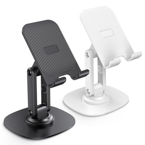 OMOTON Cell Phone Stand for Desk, 2 Pack Adjustable Foldable Phone Holder, 360 Swivel Mobile Stand Fit for iPhone 17 16 15 14 13 Pro Max and All Smart Phones, Black & White - Image 1