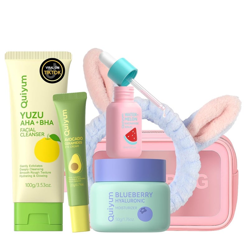 QUIYUM Skin Care Set, Fruit Women Birthday Christmas Beauty Gift Sets, Skin Care Kit with Cleanser, Serum, Eye Cream, Face Cream Travel Kit for Women, Gentle, Full Sizes 4pcs, Stocking Stuffers - Image 1