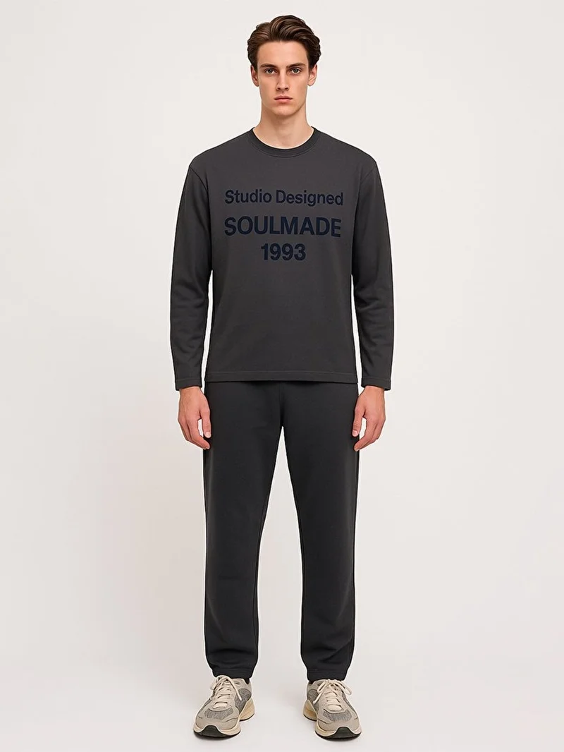 Long Sleeve Slogan Crew Neck Basic Anthracite Sweatshirt