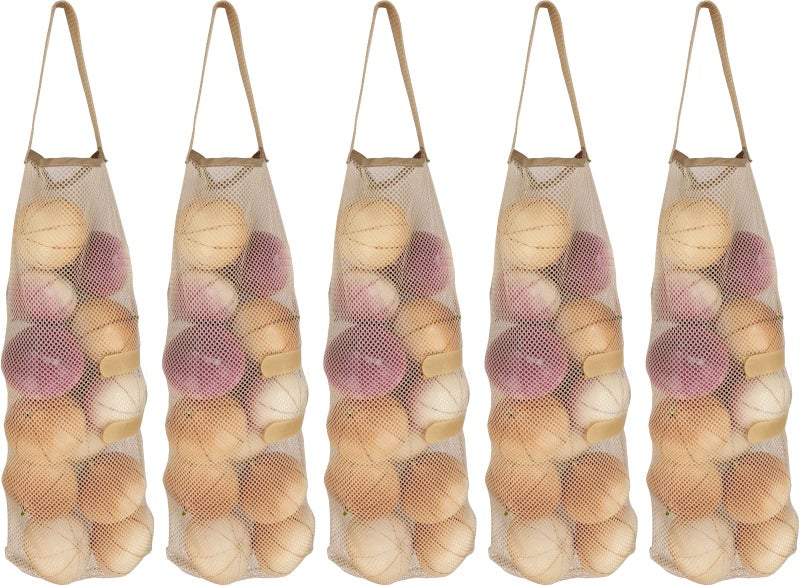 GINFH Hanging Mesh Storage 5Pack Potato & Onion Bags - Large Reusable Net Produce Bags (Beige) - Image 1