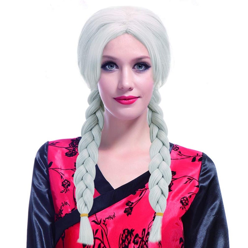 Party Zone PARTYZONE White Braided Cosplay Wig with Plaits - Woman Anime Wigs for Party Synthetic Role Play Hair Halloween Costume Wig - Image 3