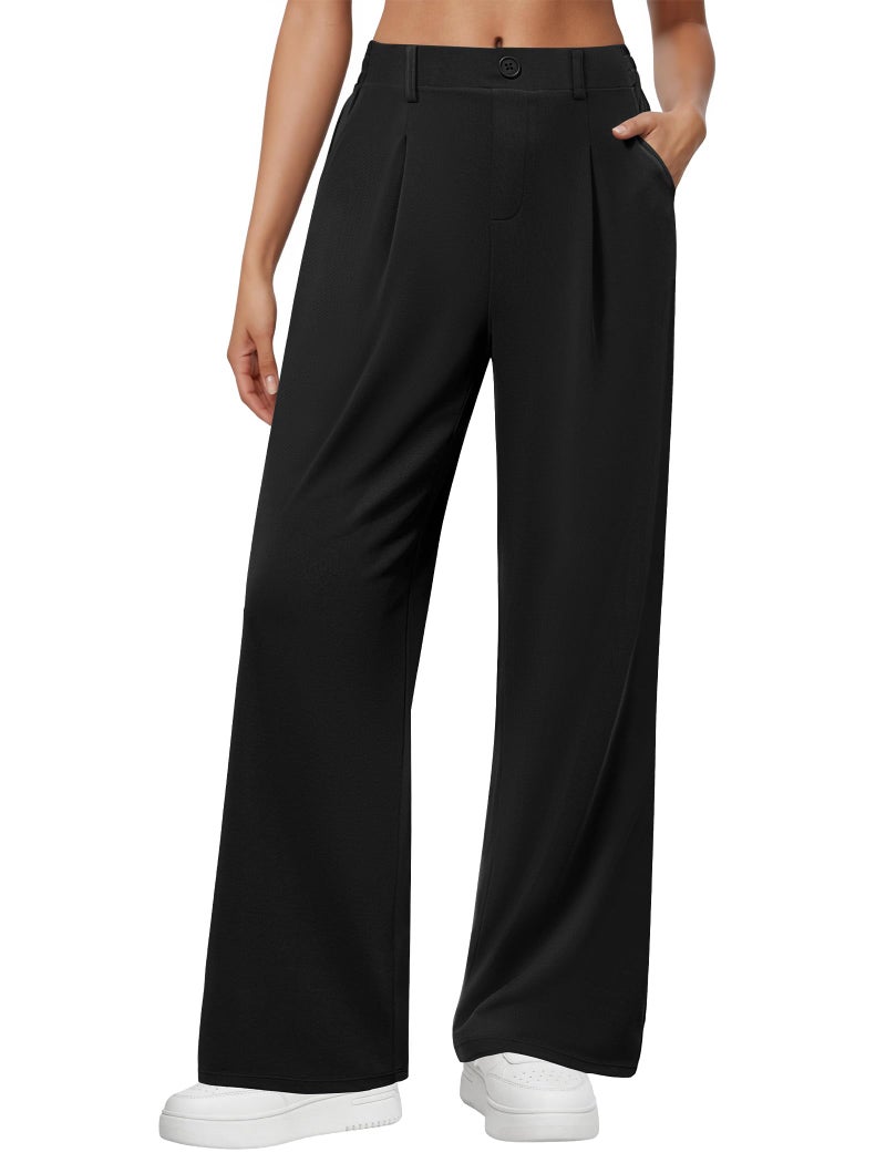 DLOODA Wide Leg Dress Pants for Women, Pull on Elastic Stretchy Work Pants High Waisted Casual Slacks with Pockets Black - Image 1