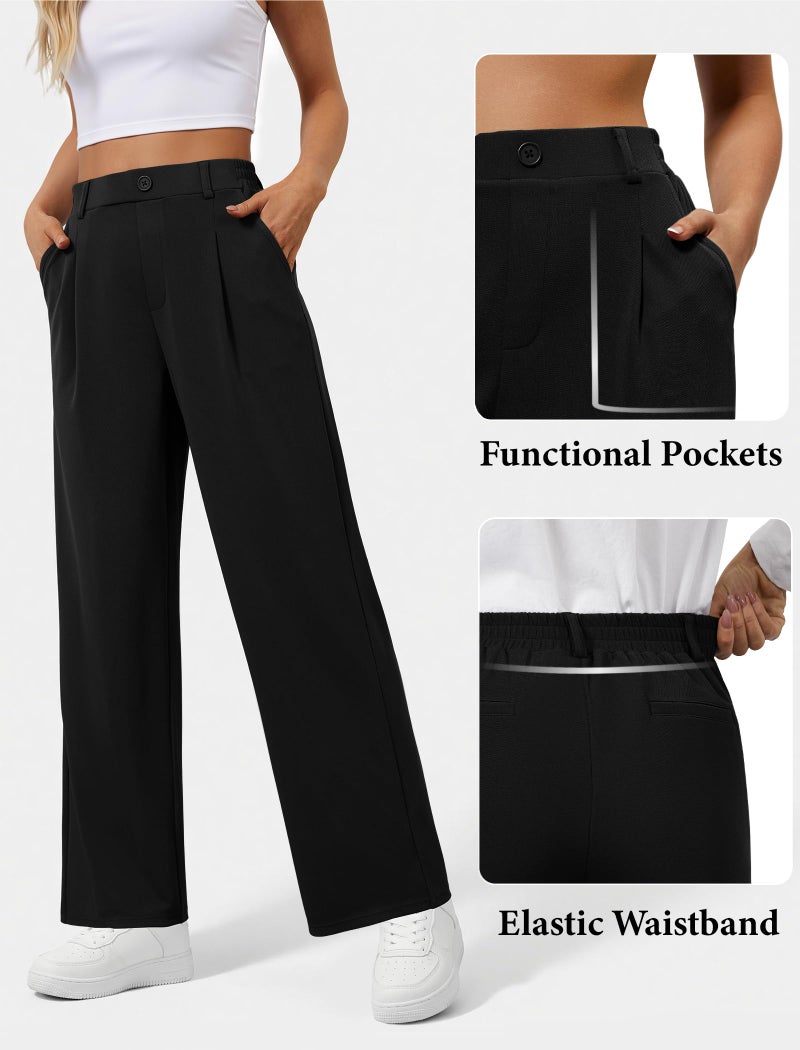 DLOODA Wide Leg Dress Pants for Women, Pull on Elastic Stretchy Work Pants High Waisted Casual Slacks with Pockets Black - Image 4