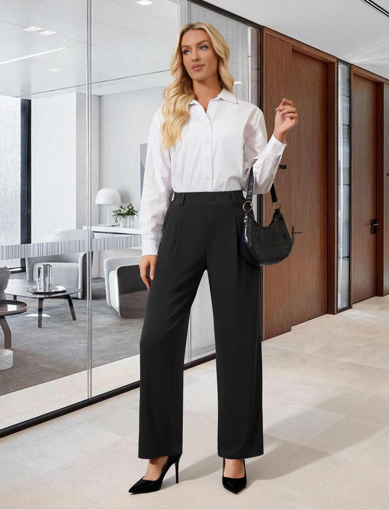 DLOODA Wide Leg Dress Pants for Women, Pull on Elastic Stretchy Work Pants High Waisted Casual Slacks with Pockets Black - Image 3