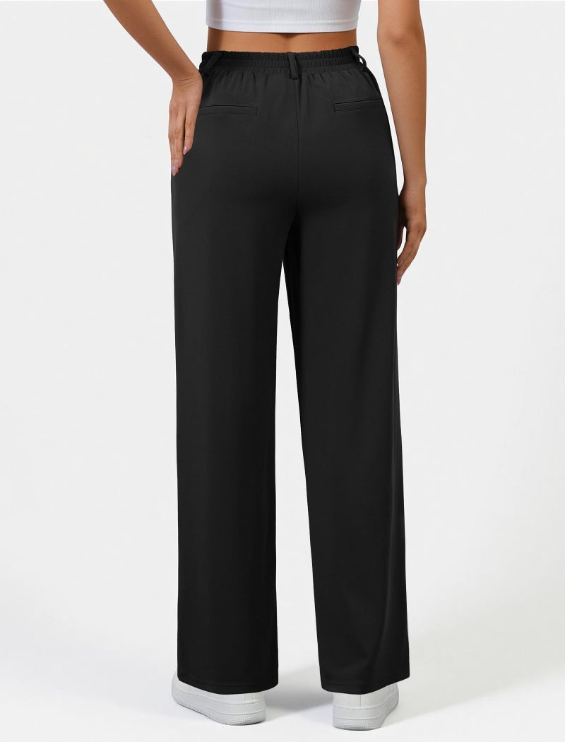 DLOODA Wide Leg Dress Pants for Women, Pull on Elastic Stretchy Work Pants High Waisted Casual Slacks with Pockets Black - Image 2