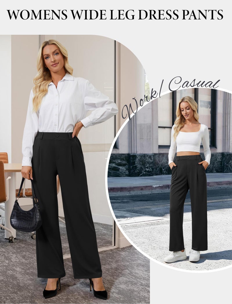 DLOODA Wide Leg Dress Pants for Women, Pull on Elastic Stretchy Work Pants High Waisted Casual Slacks with Pockets Black - Image 5