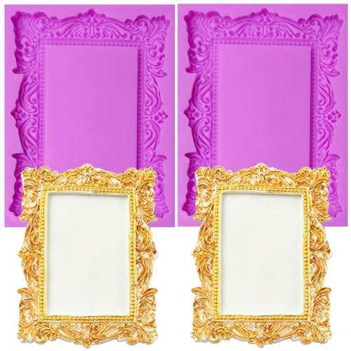 acvcatto Baroque Photo Frame Fondant Silicone Molds, 3D Picture Mirror Frame Cake Decoration Molds for Chocolate Candy Sugar Craft Gum Paste Cookies Resin Clay Set of 2 - Image 1