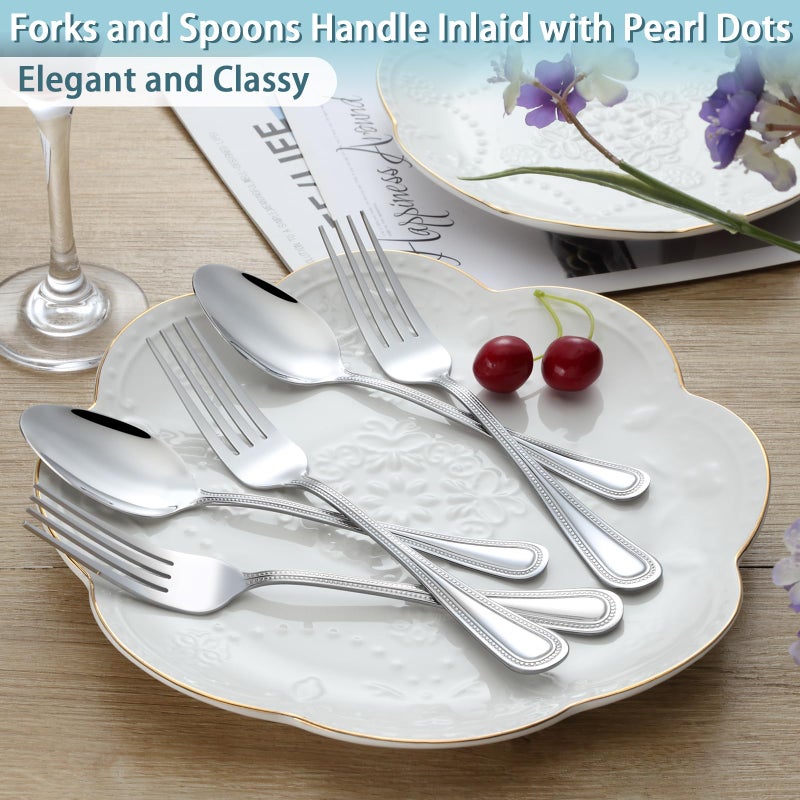 Gymdin 24 PCS Spoons and Forks Set, Food Grade Stainless Steel with Pearl Dot Design Handle Silverware Set, Mirror Polished Dishwasher Safe, Silverware Forks and Spoons for Home or Restaurant - Image 5