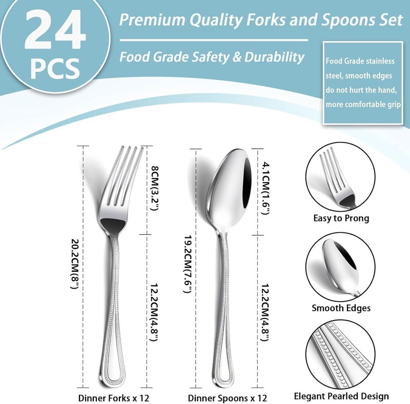 Gymdin 24 PCS Spoons and Forks Set, Food Grade Stainless Steel with Pearl Dot Design Handle Silverware Set, Mirror Polished Dishwasher Safe, Silverware Forks and Spoons for Home or Restaurant - Image 2