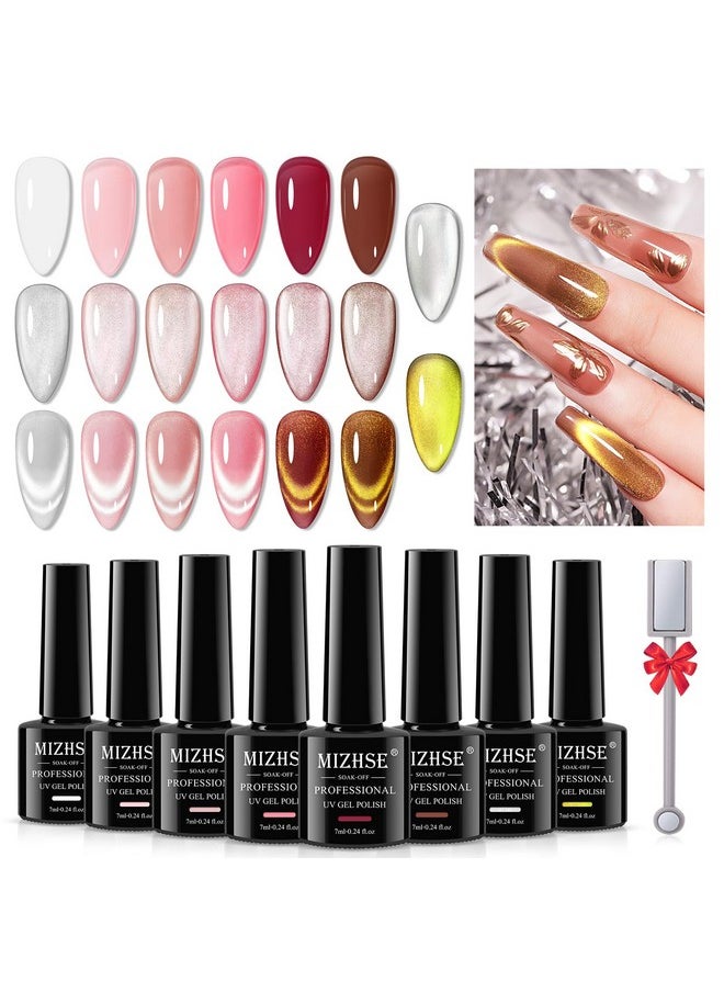 MIZHSE - Jelly Gel Nail Polish Set With Classic Cateye Gel Nail Polish Gold Sliver, Translucent Nude Pink Brown Basic Colors With Glitter Cat Eye Gel And Magnet, Soak Off Nail Salon Home Manicure Gift - Image 1