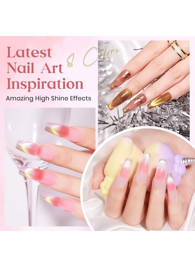 MIZHSE - Jelly Gel Nail Polish Set With Classic Cateye Gel Nail Polish Gold Sliver, Translucent Nude Pink Brown Basic Colors With Glitter Cat Eye Gel And Magnet, Soak Off Nail Salon Home Manicure Gift - Image 1