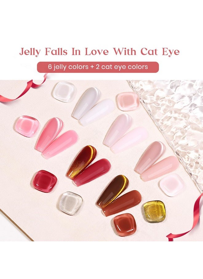 MIZHSE - Jelly Gel Nail Polish Set With Classic Cateye Gel Nail Polish Gold Sliver, Translucent Nude Pink Brown Basic Colors With Glitter Cat Eye Gel And Magnet, Soak Off Nail Salon Home Manicure Gift - Image 1