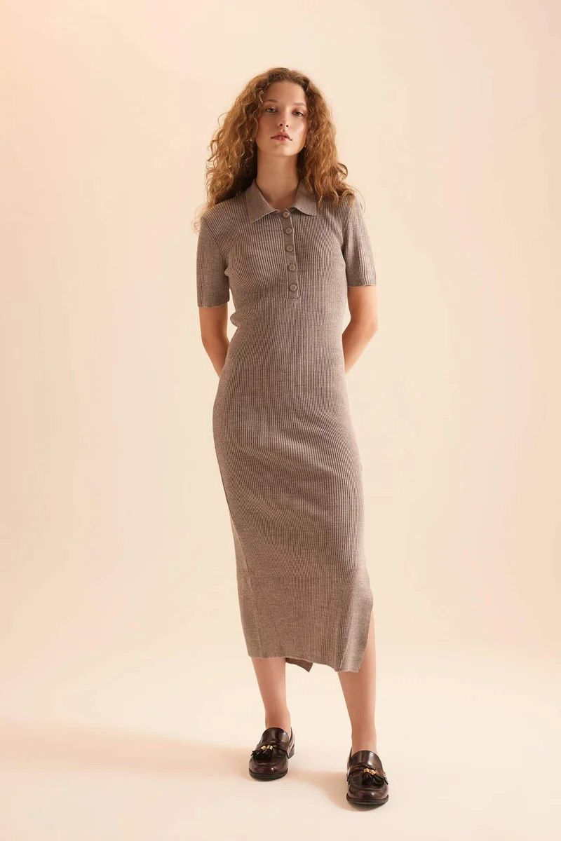 ديفاكتو Slim Fit Polo Collar Ribana Dress