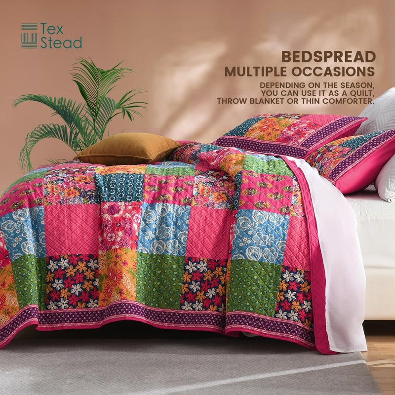TEXSTEAD Queen Quilt Set for Bed - 100% Cotton Quilts Patchwork Comforter Coverlet Bedspread Reversible 90"x90" with 2 Pillow Shams - Image 2