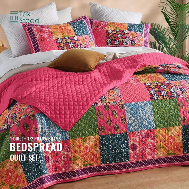 TEXSTEAD Queen Quilt Set for Bed - 100% Cotton Quilts Patchwork Comforter Coverlet Bedspread Reversible 90"x90" with 2 Pillow Shams - Image 3