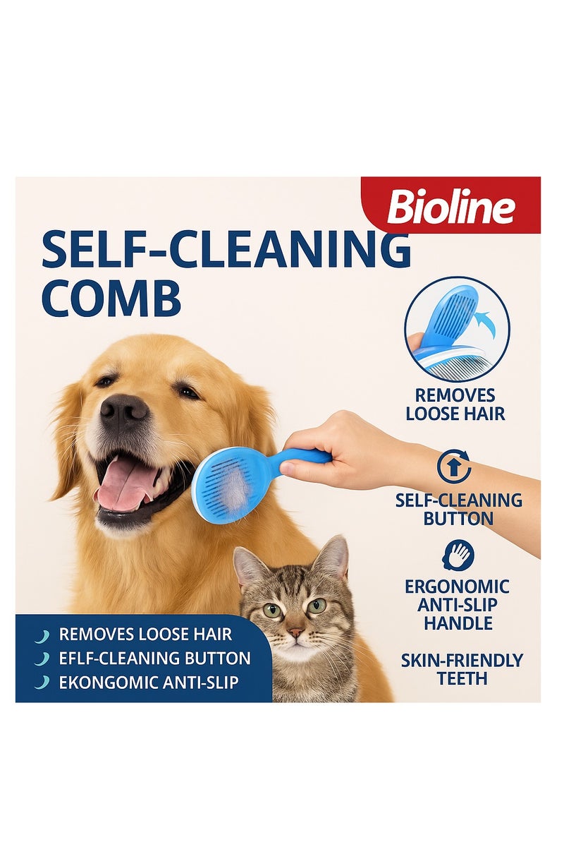بايولاين مشط التنظيف الذاتي من بيولاين – أداة تمشيط وإزالة الشعر السهلة للقطط والكلاب - Image 2