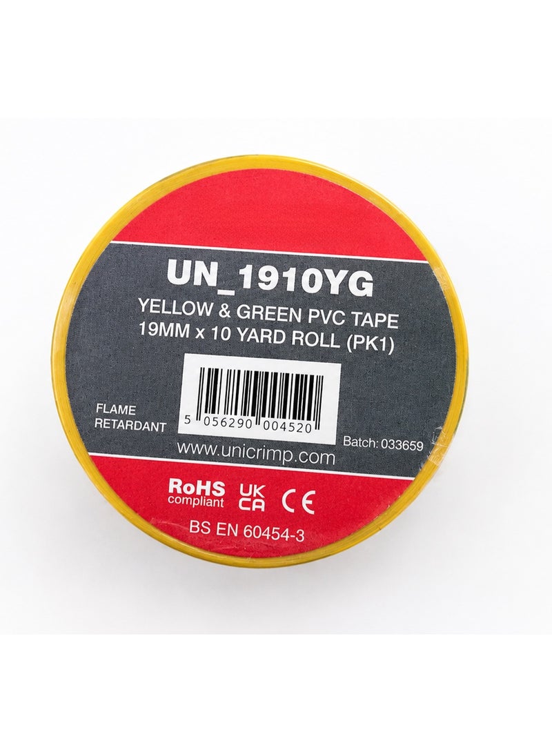 UK Yellow & Green PVC Electrical Tape 19mm x 10 Yard Roll Flame Retardant - Image 1