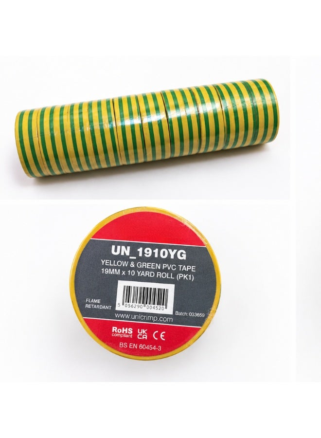 UK Yellow & Green PVC Electrical Tape 19mm x 10 Yard Roll Flame Retardant - Image 2