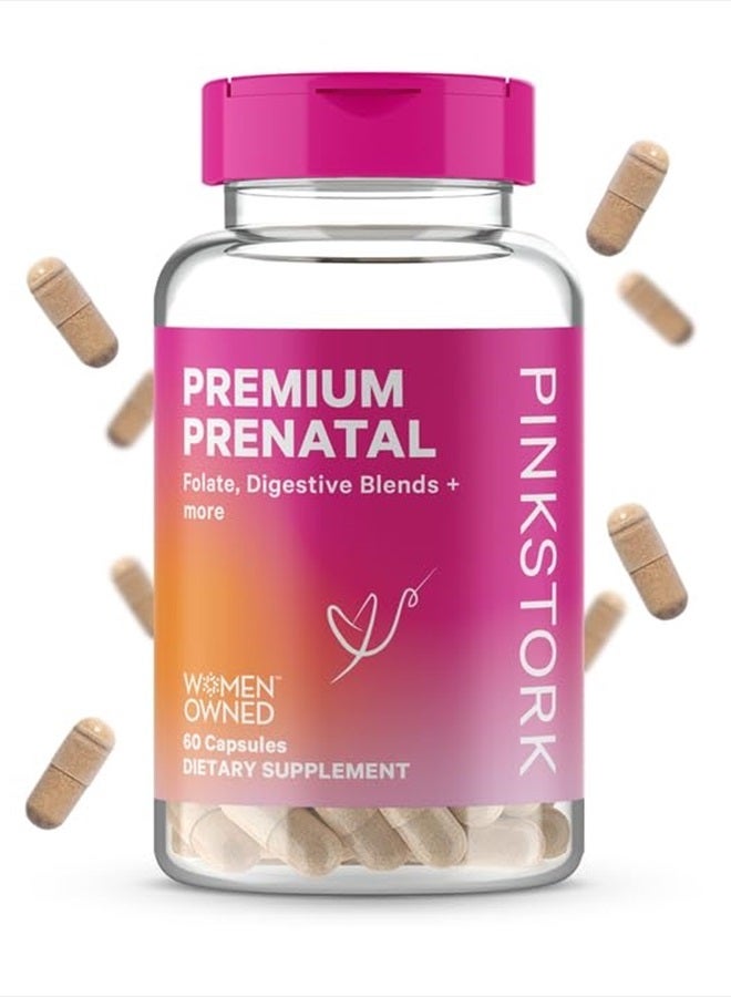 Pink Stork Premium Prenatal Vitamins for Women with Organic Whole-Food Ingredients, Folate, Vitamin B6 & B12, Prebiotics and Probiotics for Fetal Development and Morning Sickness Support, 60 Capsules - Image 1