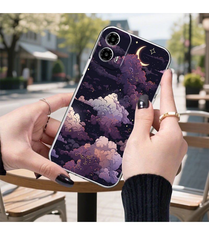 Phone Case Mixed Color 1 For Moto G60S Starry Night Sky Design With Moon Clouds And Stars Soft TPU Transparent Full Coverage Protective Case - Image 3