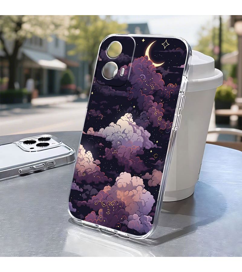 Phone Case Mixed Color 1 For Moto G60S Starry Night Sky Design With Moon Clouds And Stars Soft TPU Transparent Full Coverage Protective Case - Image 1
