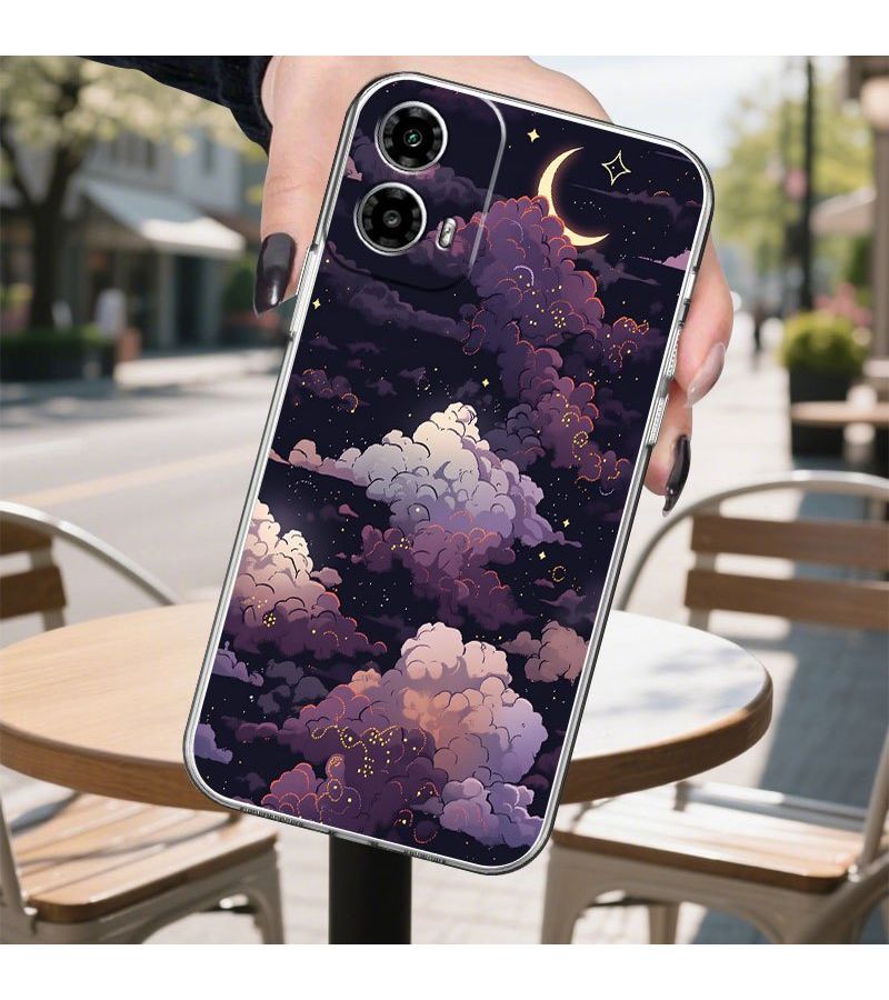 Phone Case Mixed Color 1 For Moto G60S Starry Night Sky Design With Moon Clouds And Stars Soft TPU Transparent Full Coverage Protective Case - Image 5